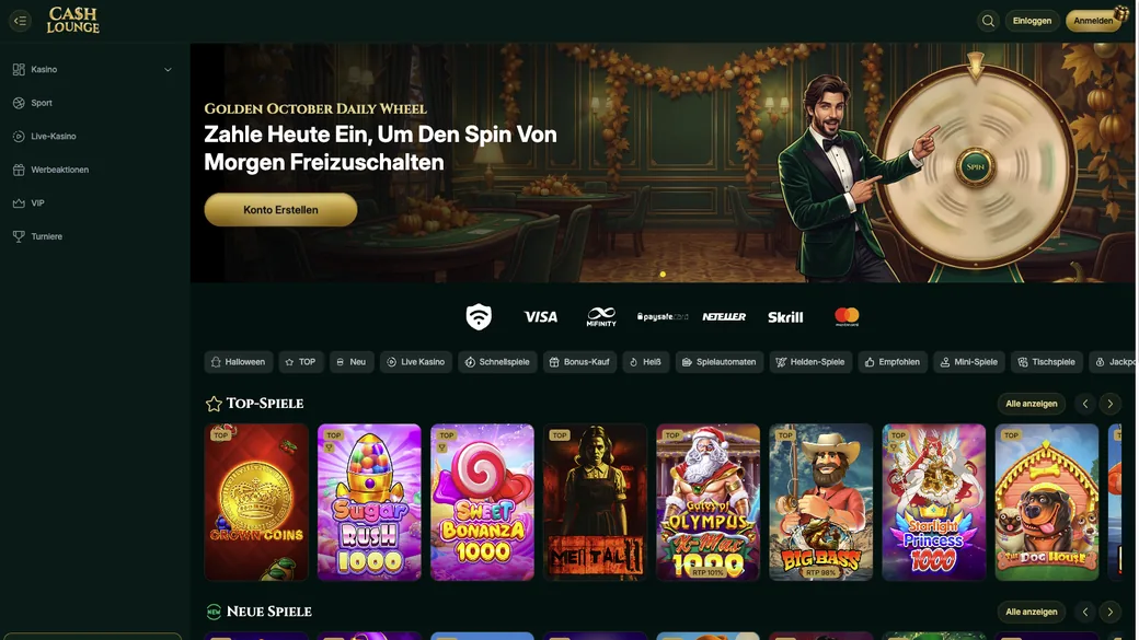 Startseite von CashLounge: Lobby, Aktionen und Kasse