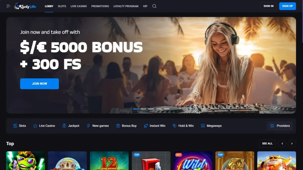 Startseite von LuckyVibe: Lobby, Aktionen und Kasse