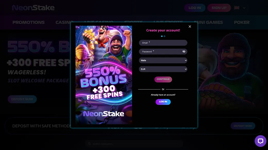 Startseite von NeonStake: Lobby, Aktionen und Kasse
