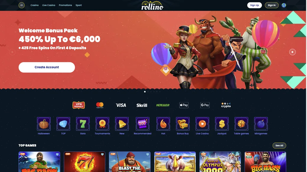 Startseite von Rollino: Lobby, Aktionen und Kasse