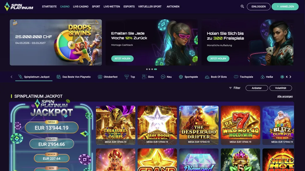Startseite von SpinPlatinum: Lobby, Aktionen und Kasse