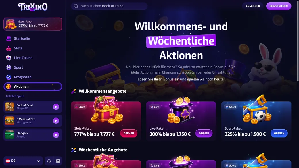 Startseite von Trixino: Lobby, Aktionen und Kasse
